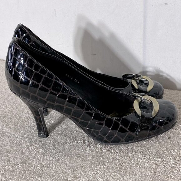 Bravo Browns Brown Lara Croc Embossed Patent Leather Heels W Brass Buckles 7.5 - Picture 1 of 14